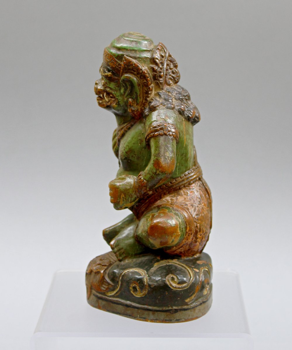 Antique Balinese Dvarapala Guardian Figure, Polychrome Wood, Bali, 19th Century-photo-2