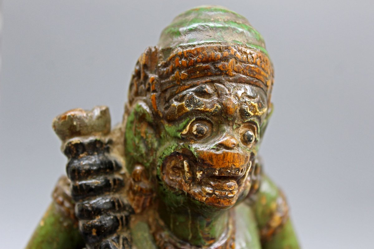 Antique Balinese Dvarapala Guardian Figure, Polychrome Wood, Bali, 19th Century-photo-1