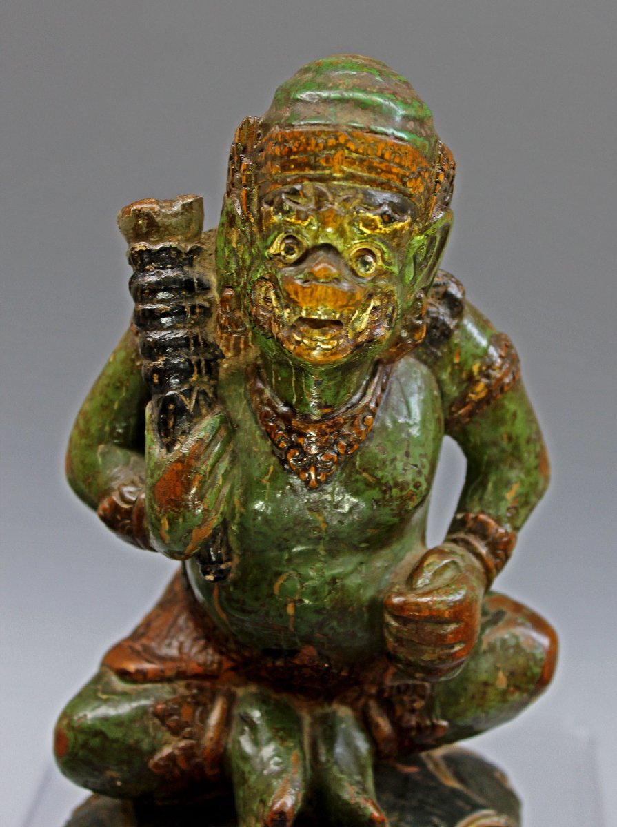 Antique Balinese Dvarapala Guardian Figure, Polychrome Wood, Bali, 19th Century-photo-8