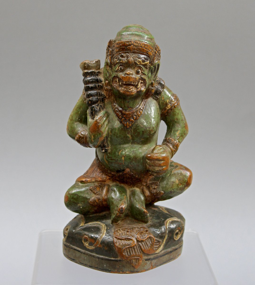 Antique Balinese Dvarapala Guardian Figure, Polychrome Wood, Bali, 19th Century
