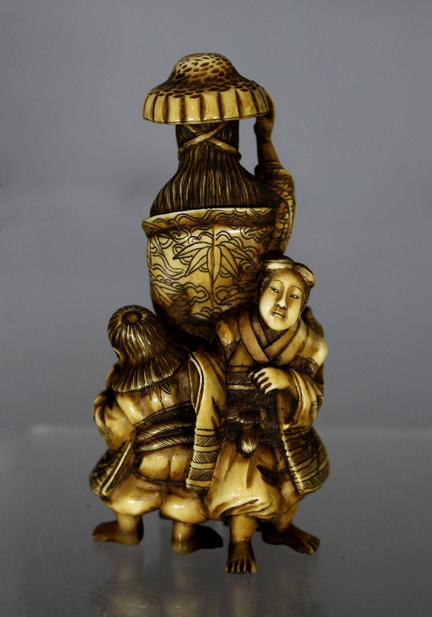 Okimono Japonais En Ivoire, Tokiwa Gozen Et Ses Trois Fils, Époque Meiji-photo-3