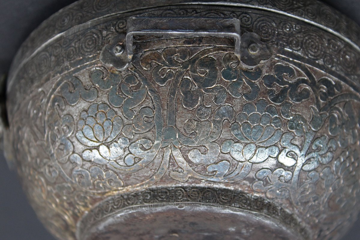 Ancien Étui de Bol Tibétain Derge en Fer Incrusté d’Argent, XVIIe–XVIIIe Siècle-photo-2