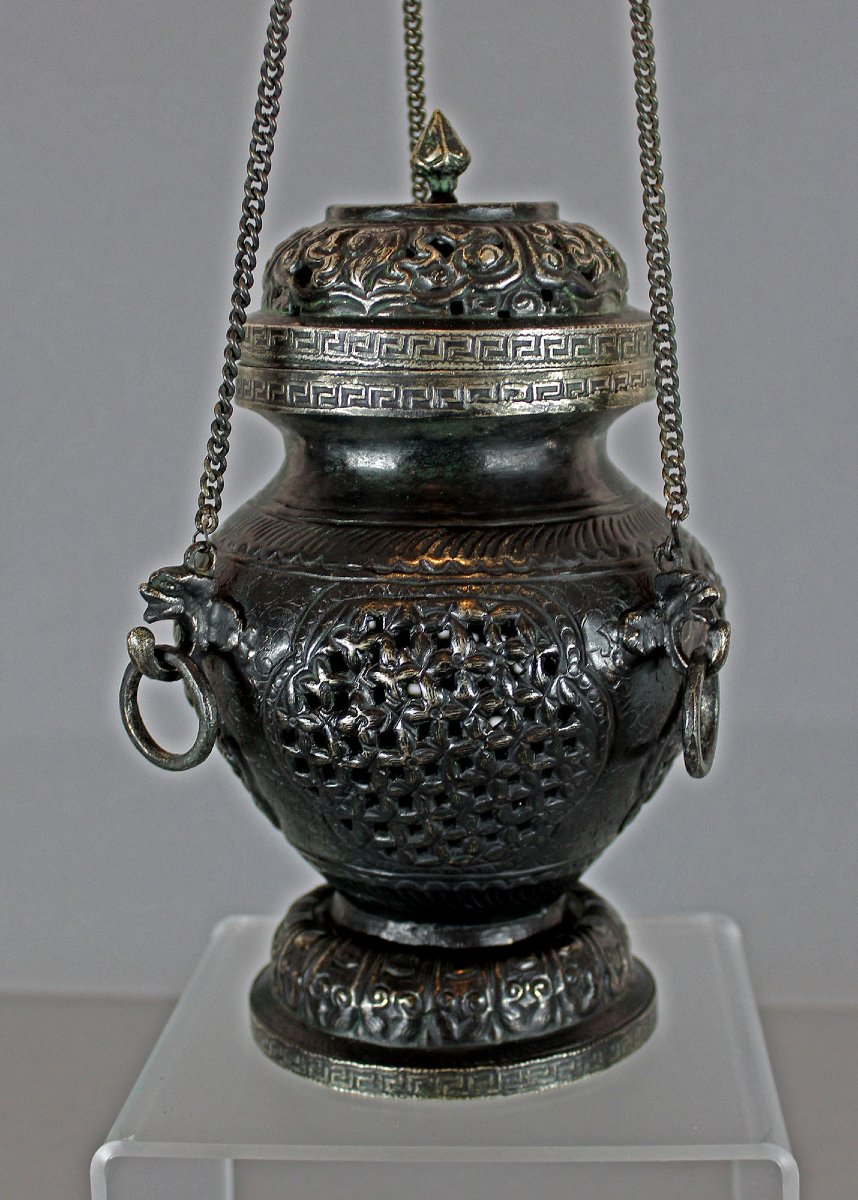 Encensoir Suspendu De Temple Bouddhique Tibétain, Brûle-Parfum Ancien, XIXe Siècle-photo-3