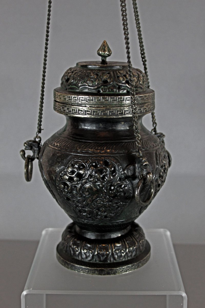 Encensoir Suspendu De Temple Bouddhique Tibétain, Brûle-Parfum Ancien, XIXe Siècle