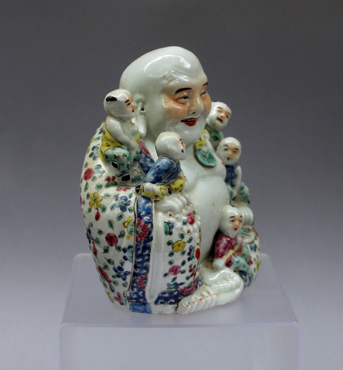 Budai, Bouddha Rieur Aux Cinq Enfants, Porcelaine Chinoise Famille Rose – Époque République-photo-4