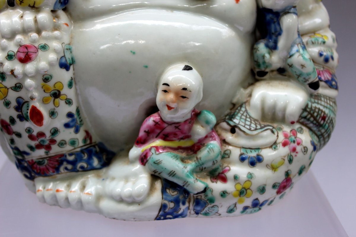 Budai, Bouddha Rieur Aux Cinq Enfants, Porcelaine Chinoise Famille Rose – Époque République-photo-2