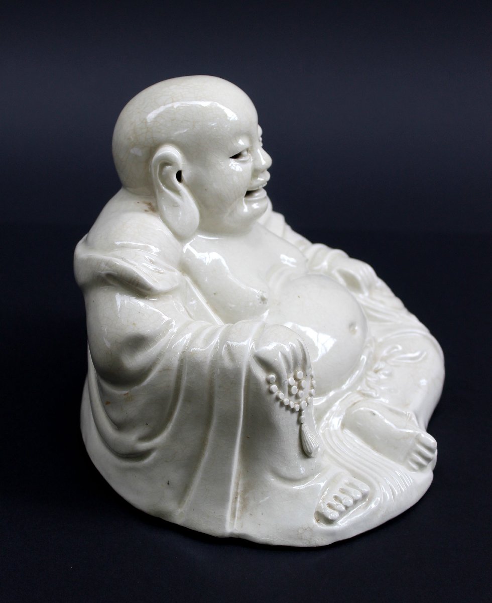 Large Antique Chinese Budai, Laughing Buddha, White Glazed Porcelain, 19th Century-photo-2