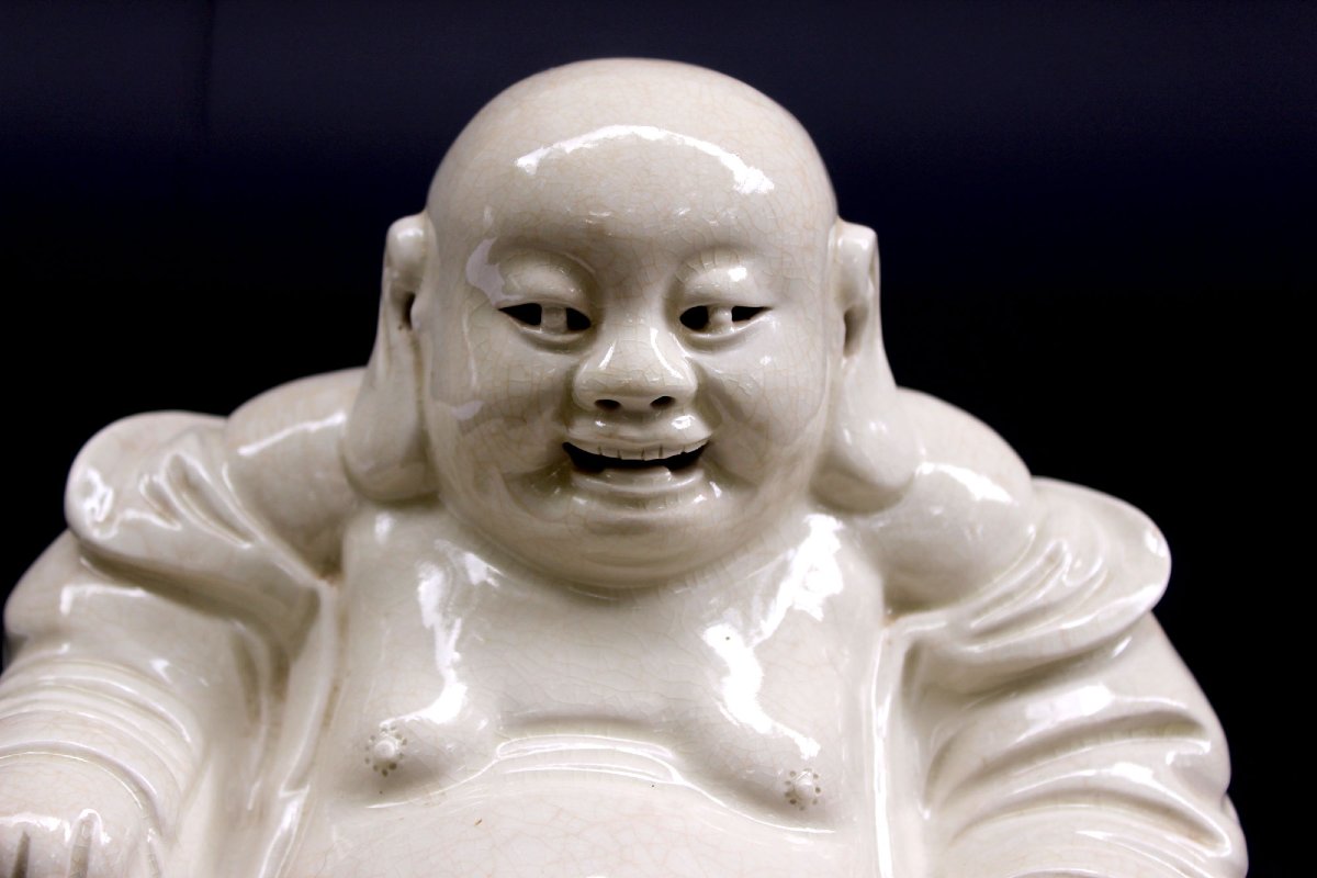 Large Antique Chinese Budai, Laughing Buddha, White Glazed Porcelain, 19th Century-photo-1