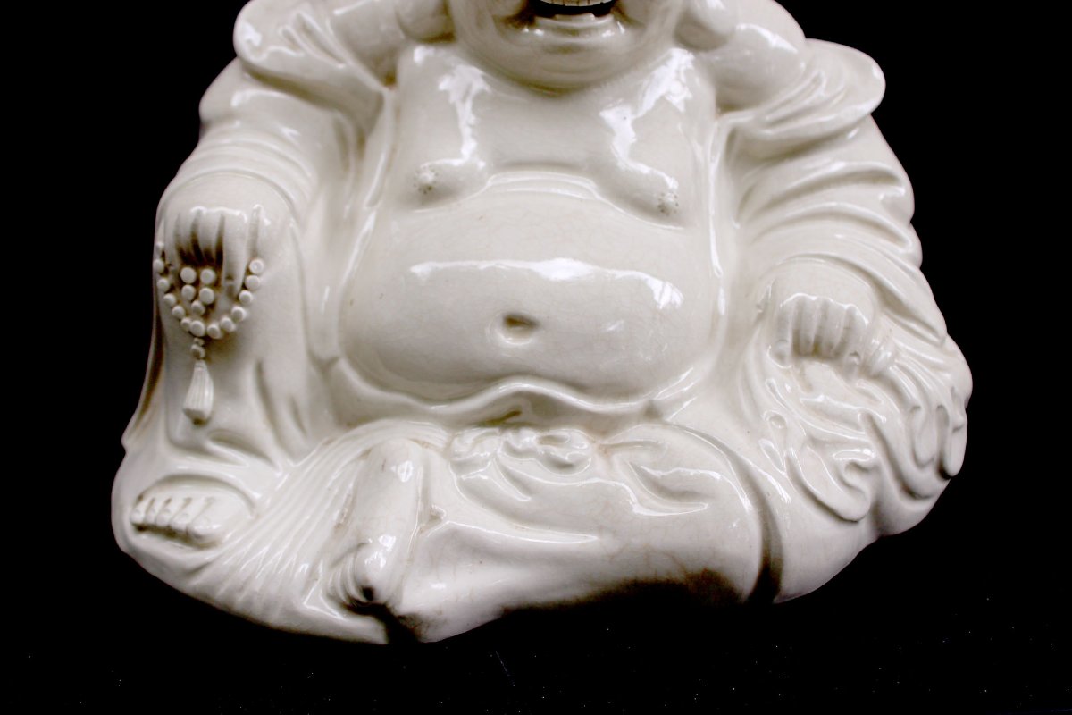 Large Antique Chinese Budai, Laughing Buddha, White Glazed Porcelain, 19th Century-photo-2