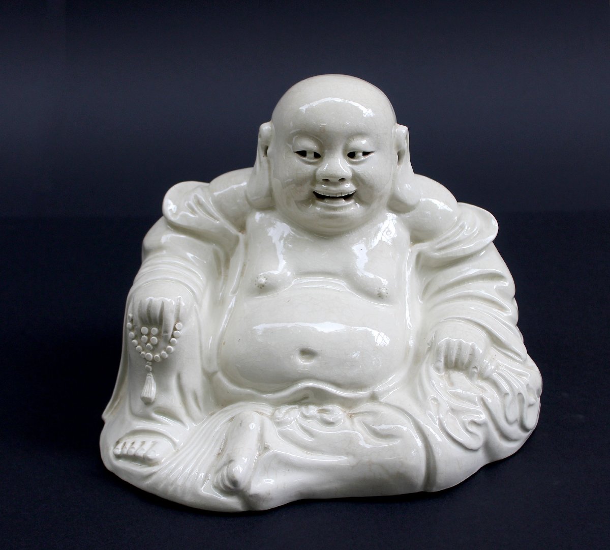 Large Antique Chinese Budai, Laughing Buddha, White Glazed Porcelain, 19th Century