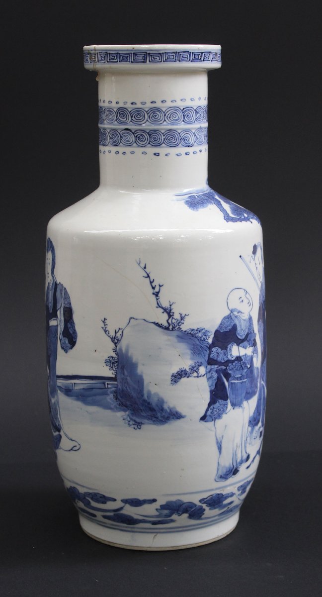 Vase Rouleau Ancien Chinois en Porcelaine Bleu et Blanc, Marque et Époque Kangxi, 36 cm-photo-4