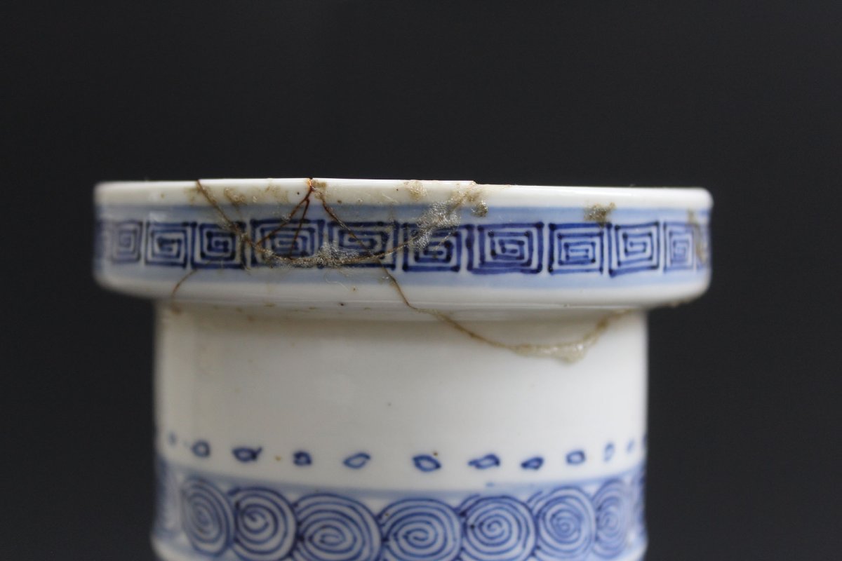 Vase Rouleau Ancien Chinois en Porcelaine Bleu et Blanc, Marque et Époque Kangxi, 36 cm-photo-4