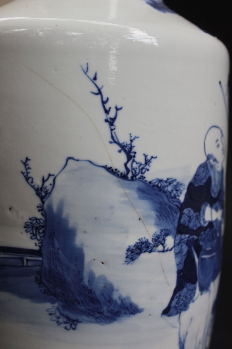 Vase Rouleau Ancien Chinois en Porcelaine Bleu et Blanc, Marque et Époque Kangxi, 36 cm-photo-5
