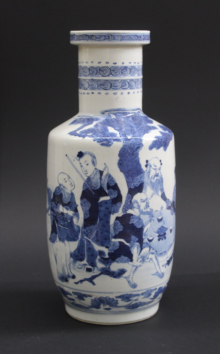 Vase Rouleau Ancien Chinois en Porcelaine Bleu et Blanc, Marque et Époque Kangxi, 36 cm