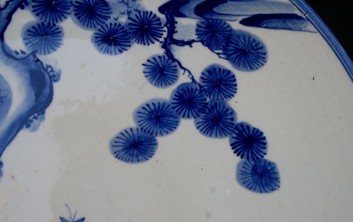 Très Grande Paire De Plats Anciens En Porcelaine Japonaise Bleu & Blanc Arita Meiji Papillons -photo-4
