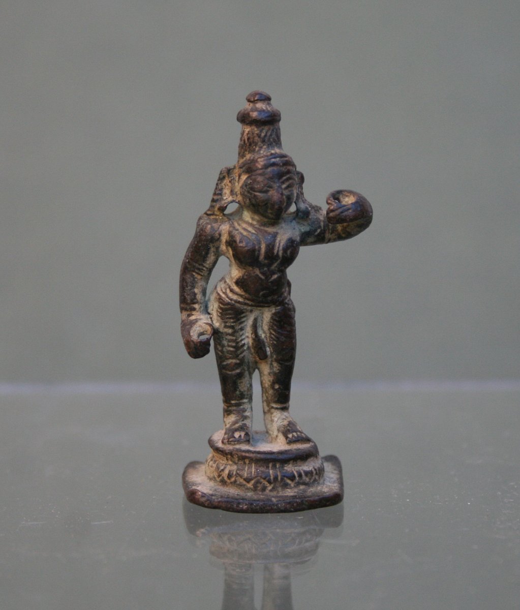 Antique Indian Bronze Miniature Parvati Female Power Hindu Goddess C 17th (2)