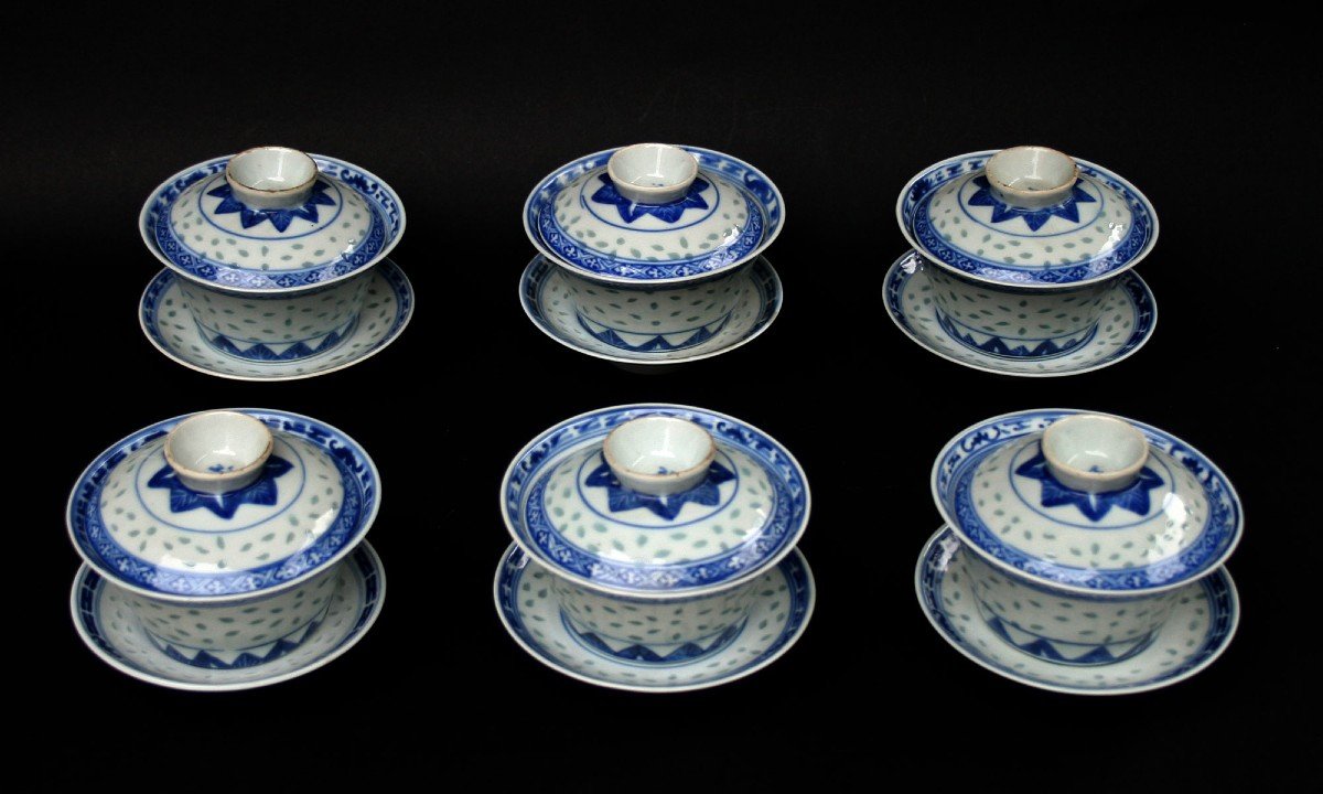 Ensemble De Six Bols Bleu Blanc Porcelaine Chine Grain De Riz. Période République.            -photo-2