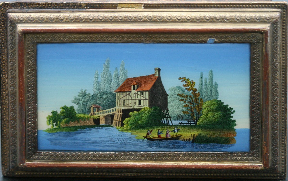 Antique French Jewellery Box Painted On Glass  Riverside Scene Mill Butterfly Inside C19th-photo-2