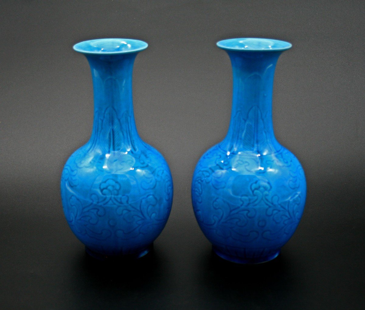 Paire Vases Porcelaine Chinois Monochrome République Jingdezhen-photo-2