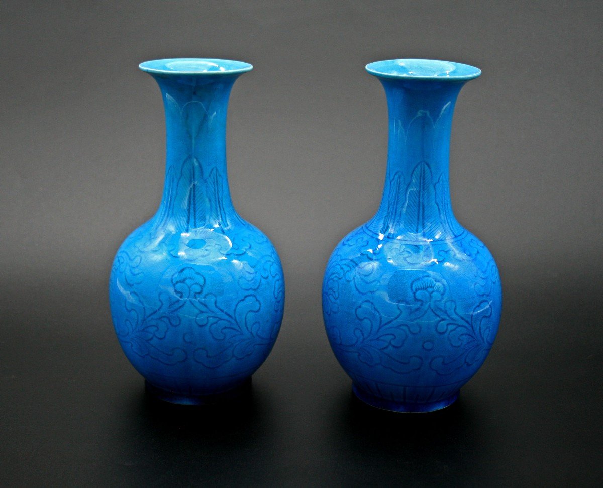 Paire Vases Porcelaine Chinois Monochrome République Jingdezhen-photo-4