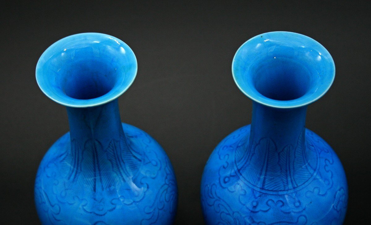 Paire Vases Porcelaine Chinois Monochrome République Jingdezhen-photo-3