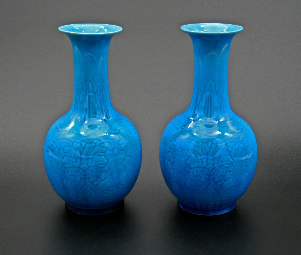 Paire Vases Porcelaine Chinois Monochrome République Jingdezhen