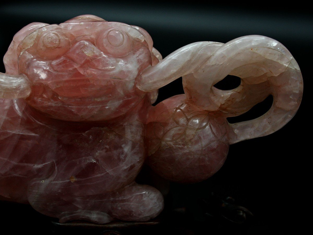 Fine Pair Antique Chinese Dogs Of Fo - Imperial Guardian Lions  Carved Rose Quartz-photo-1