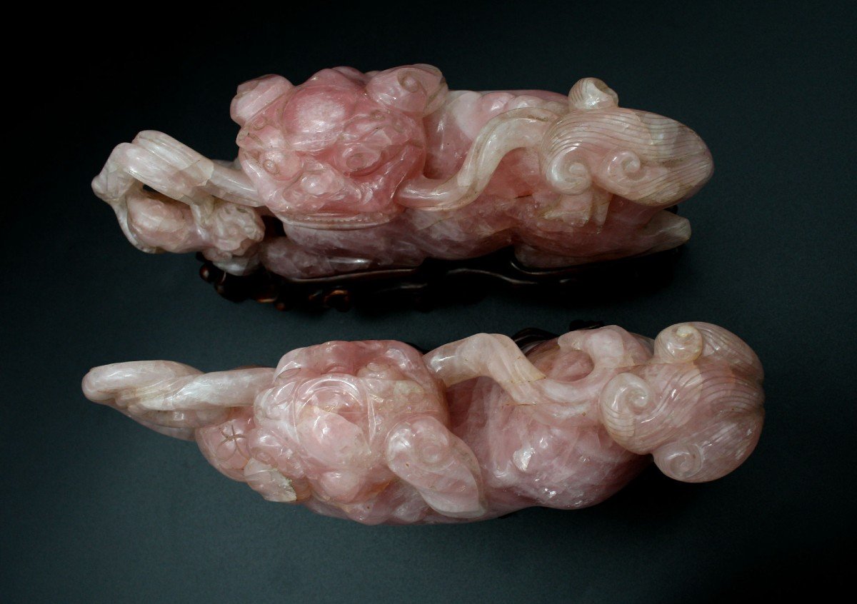 Fine Pair Antique Chinese Dogs Of Fo - Imperial Guardian Lions  Carved Rose Quartz-photo-2