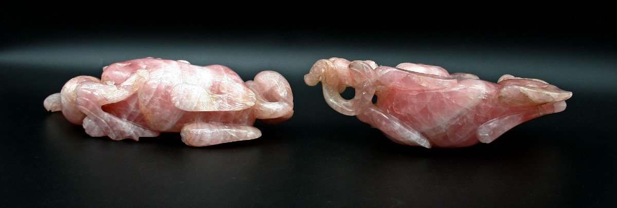  Belle Paire de Chiens de Fo - Lions Gardiens Impériaux En Quartz Rose Sculpté Antique Chinois -photo-4
