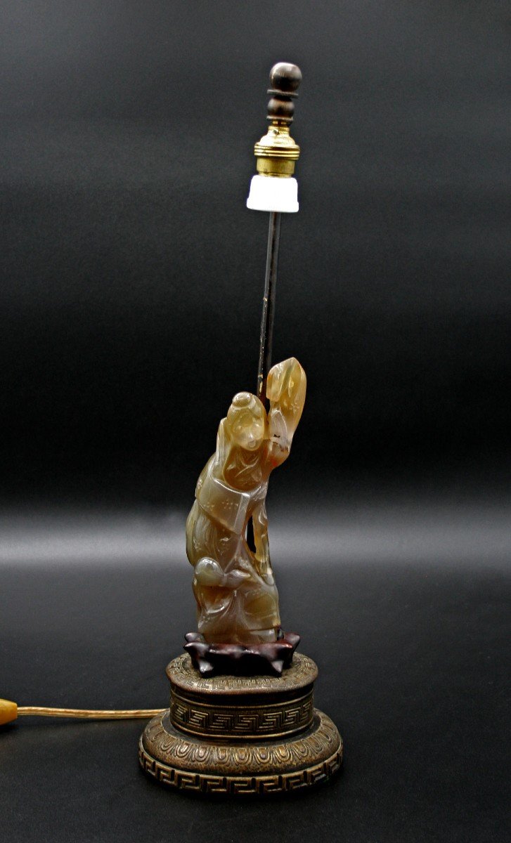 Ancienne Lampe Danseuse Chinoise En Agate Sculptée Pierre dure-photo-2