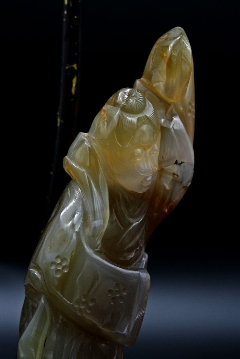 Ancienne Lampe Danseuse Chinoise En Agate Sculptée Pierre dure-photo-3