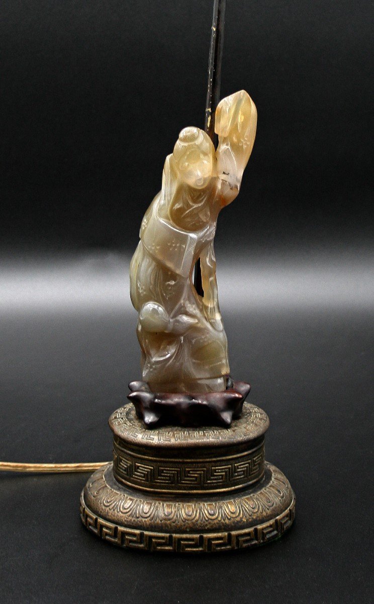 Ancienne Lampe Danseuse Chinoise En Agate Sculptée Pierre dure