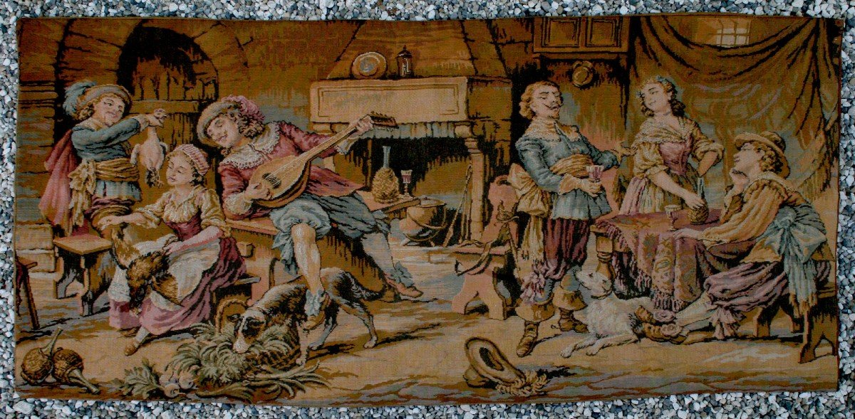 Large French Or Belgian Tapestry - Romantic Tavern Scene Lute Music