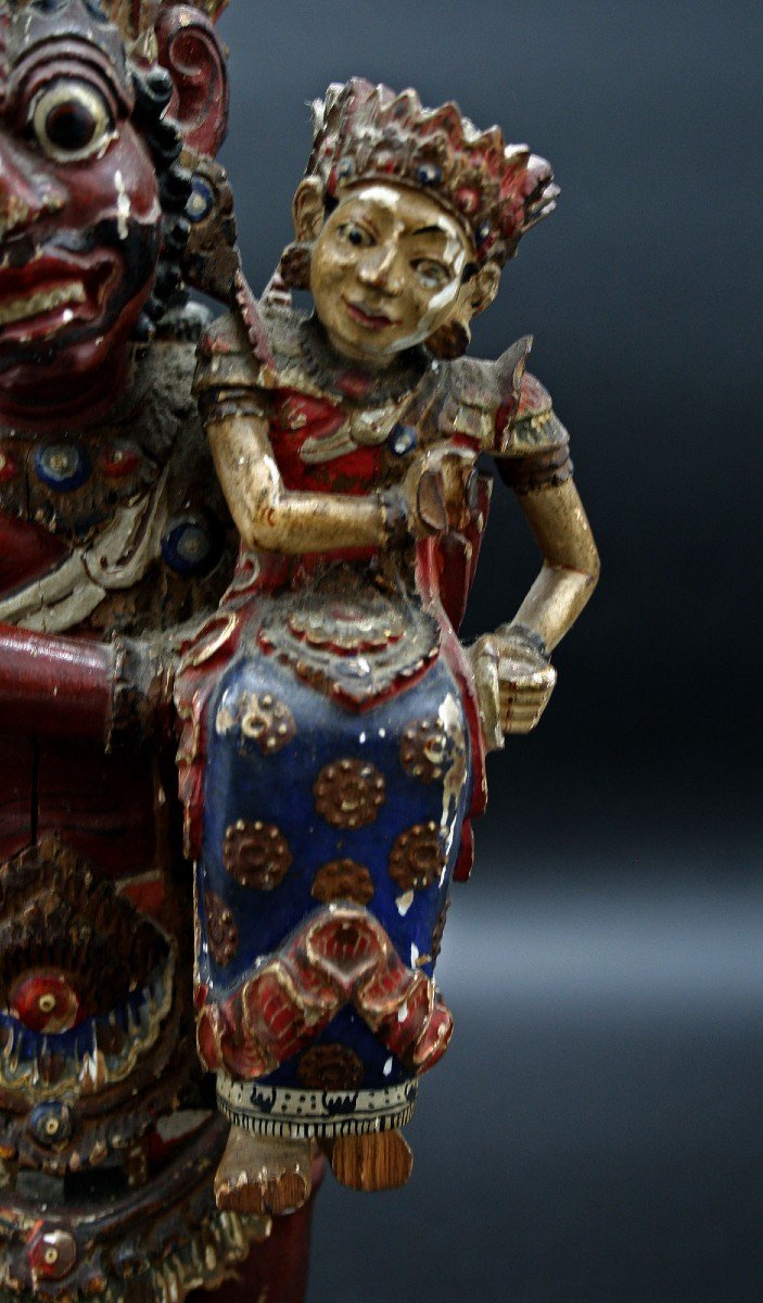 Rare Antique Balinais Sculpture sur bois Ramayana Signé Ravana Kidnappe Sita Bali-photo-2