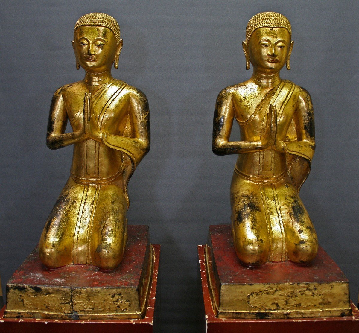 Pair Large Antique Thai Gilt Bronze Disciples Of Buddha. Buddhist Temple. Votive. Prayer. -photo-3