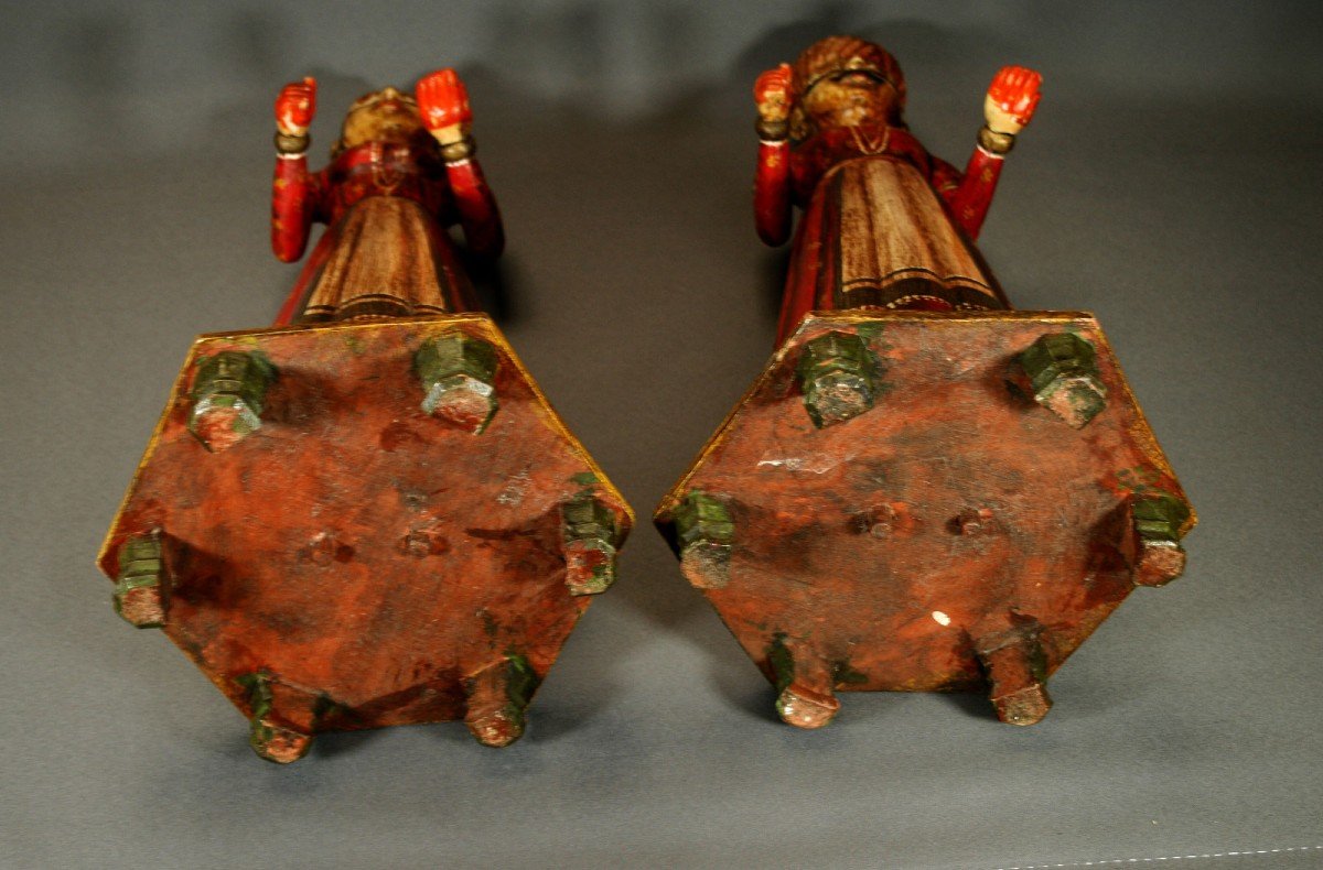 Pair Of Vintage Indian Figurines In Carved And Painted Wood Raja & Rani-photo-5