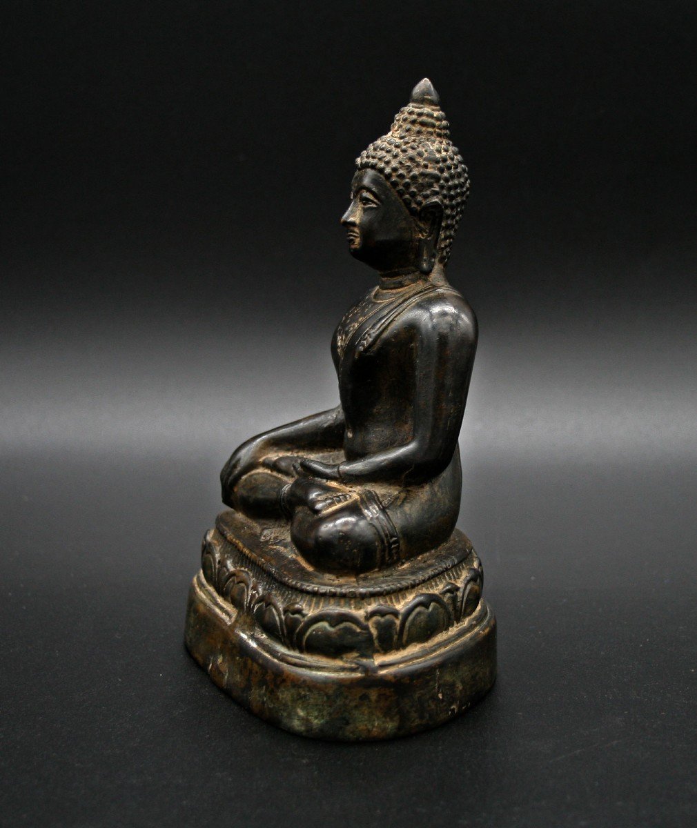 Ancienne  Sculpture Thaïlandais Bronze Shakyamuni Bouddha Bhumisparsha Mudra Touchant La Terre-photo-2