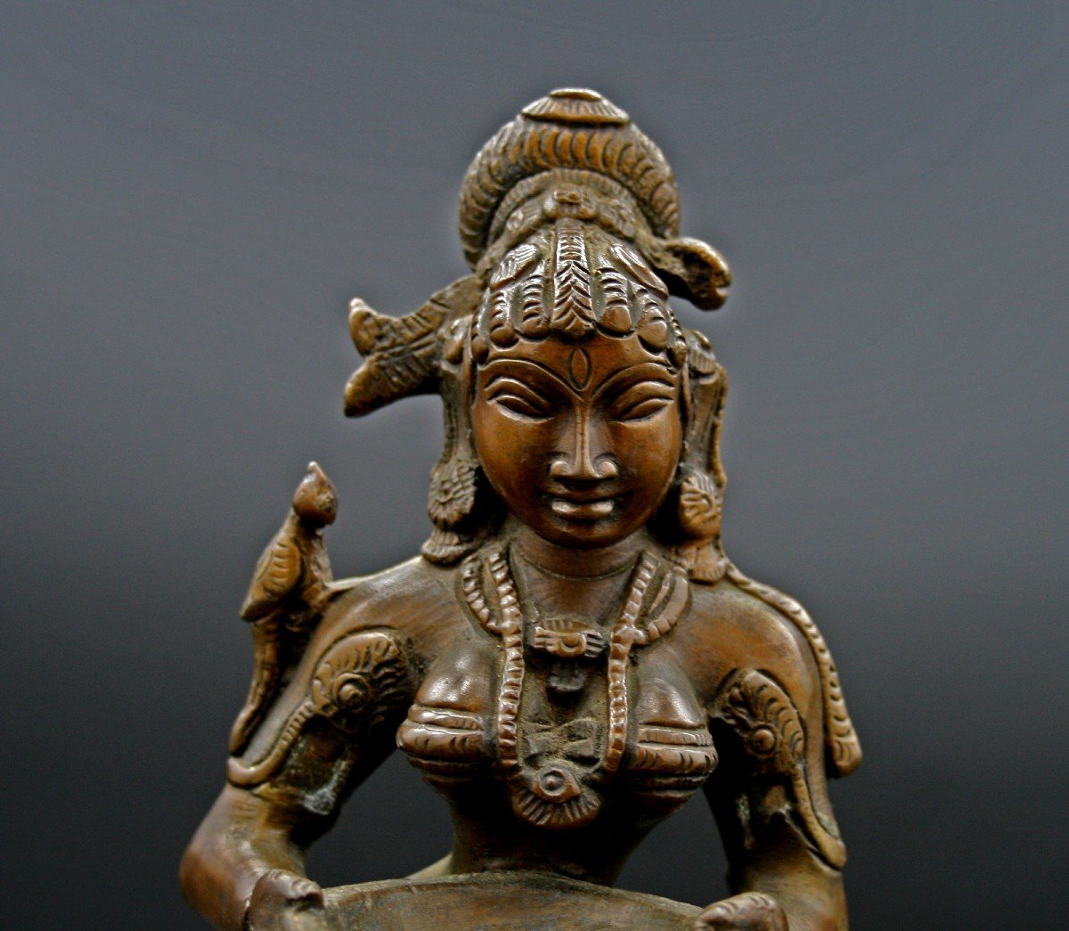 Antique Indian Hindu Temple Bronze Oil Lamp Meenakshi Goddess Parvati Sculpture-photo-1