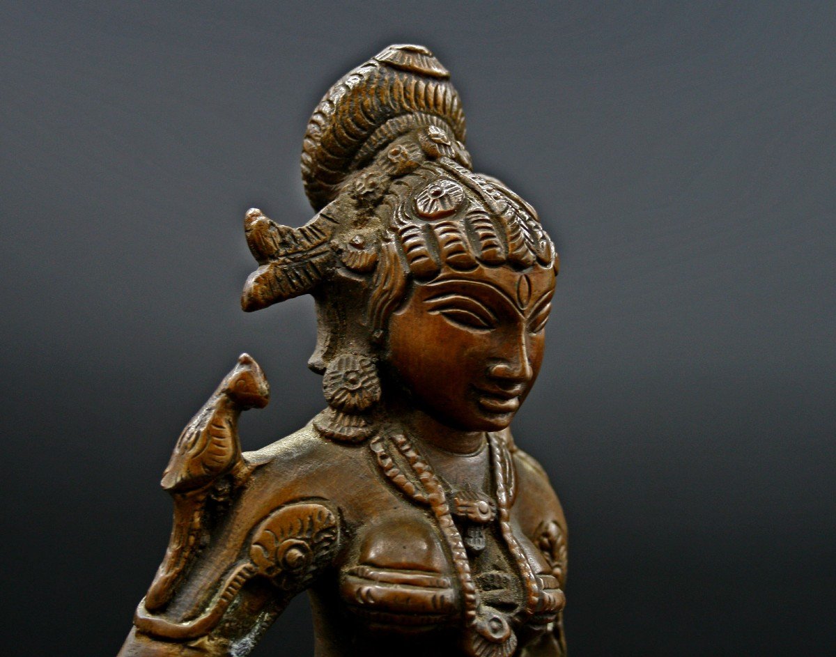 Lampe à Huile Bronze De Temple Hindou Indien Antique Sculpture Meenakshi Déesse Parvati-photo-3