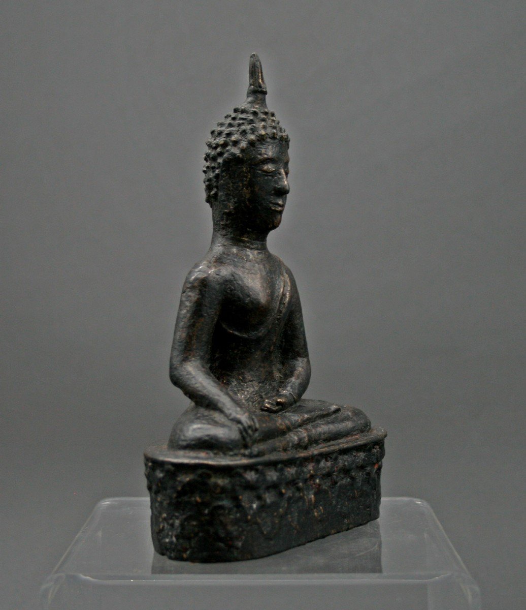 Ancien Bouddha Thai En Bronze XVe/XVIe Bhumisparsha Mudra Sculpture Bouddhiste-photo-2