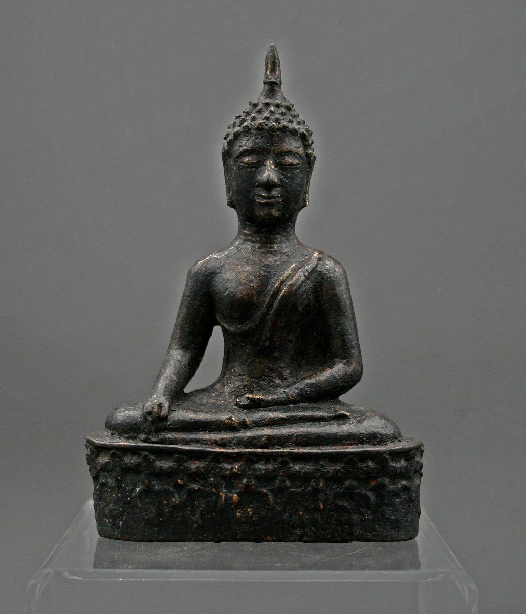 Ancien Bouddha Thai En Bronze XVe/XVIe Bhumisparsha Mudra Sculpture Bouddhiste