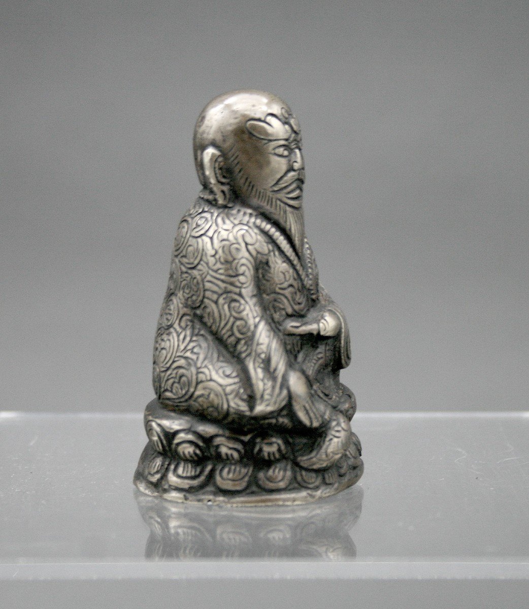 Ancienne Figure Tibétaine En Argent Massif  Karmapa Bouddhiste Lama-photo-2