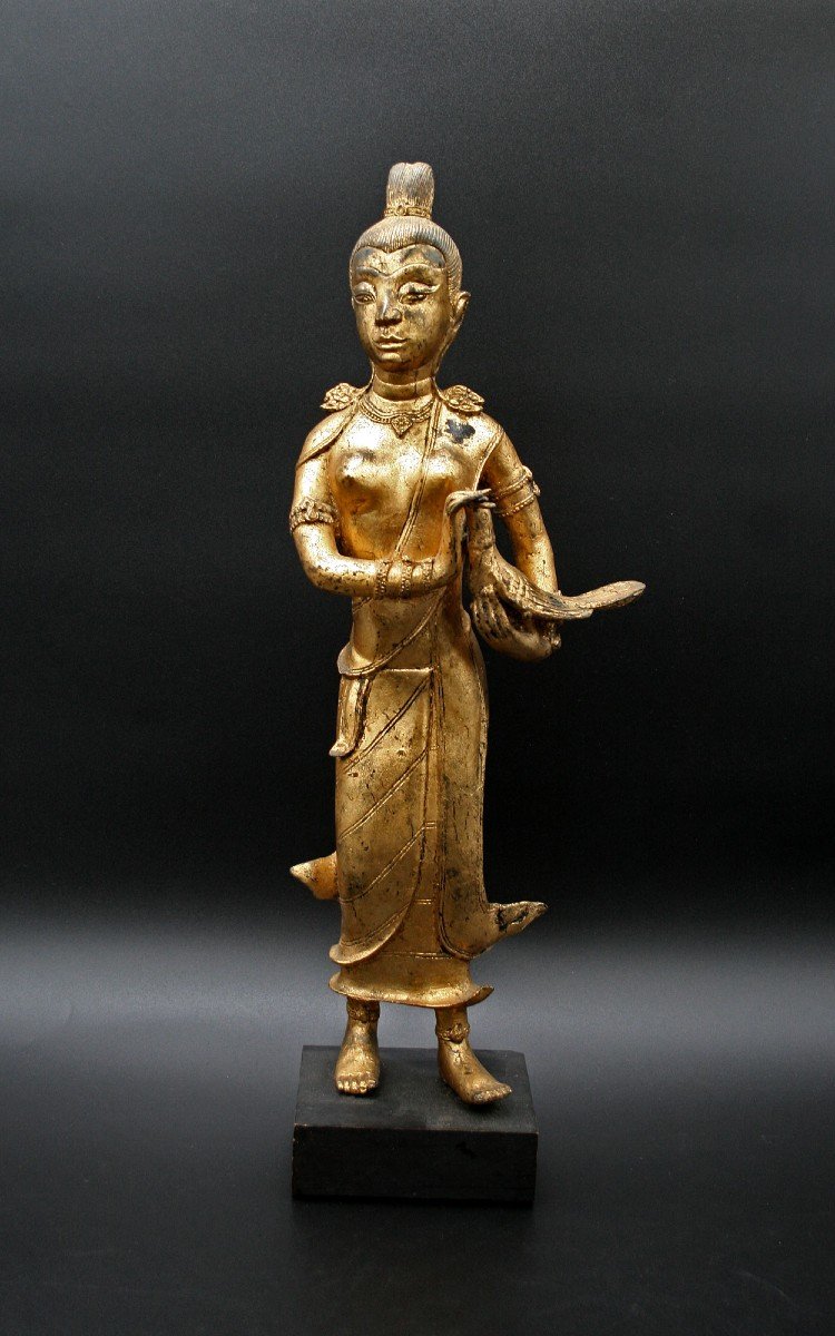  Ancien Bronze Doré Thaïlandais Rattanakosin Déesse Tenant Le Faisan-photo-2