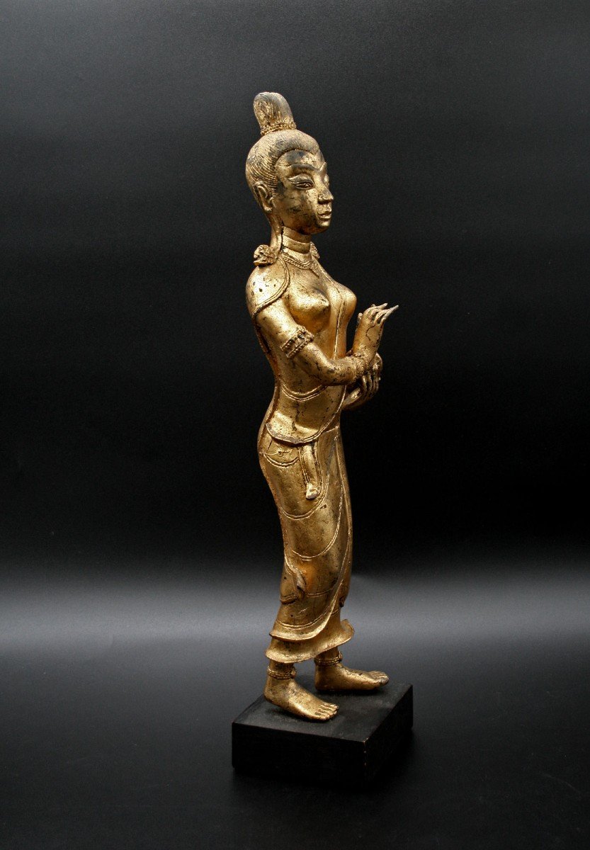  Ancien Bronze Doré Thaïlandais Rattanakosin Déesse Tenant Le Faisan-photo-3