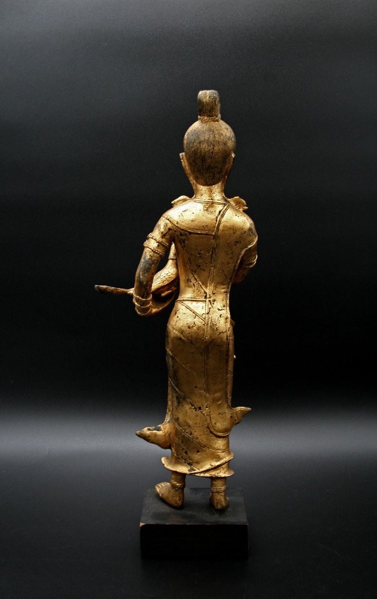  Ancien Bronze Doré Thaïlandais Rattanakosin Déesse Tenant Le Faisan-photo-4