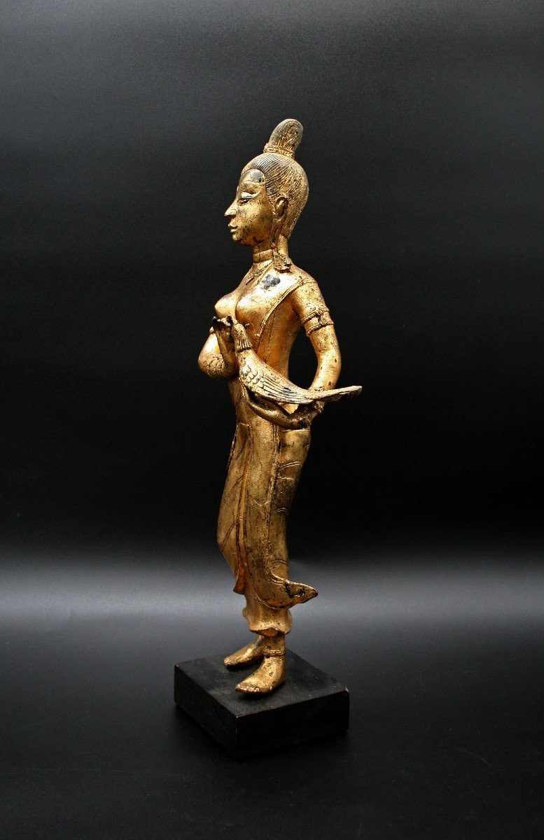  Ancien Bronze Doré Thaïlandais Rattanakosin Déesse Tenant Le Faisan-photo-1