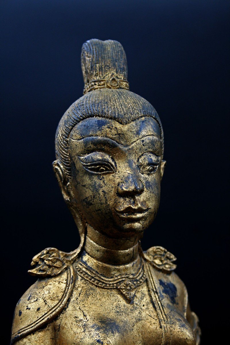  Ancien Bronze Doré Thaïlandais Rattanakosin Déesse Tenant Le Faisan-photo-2