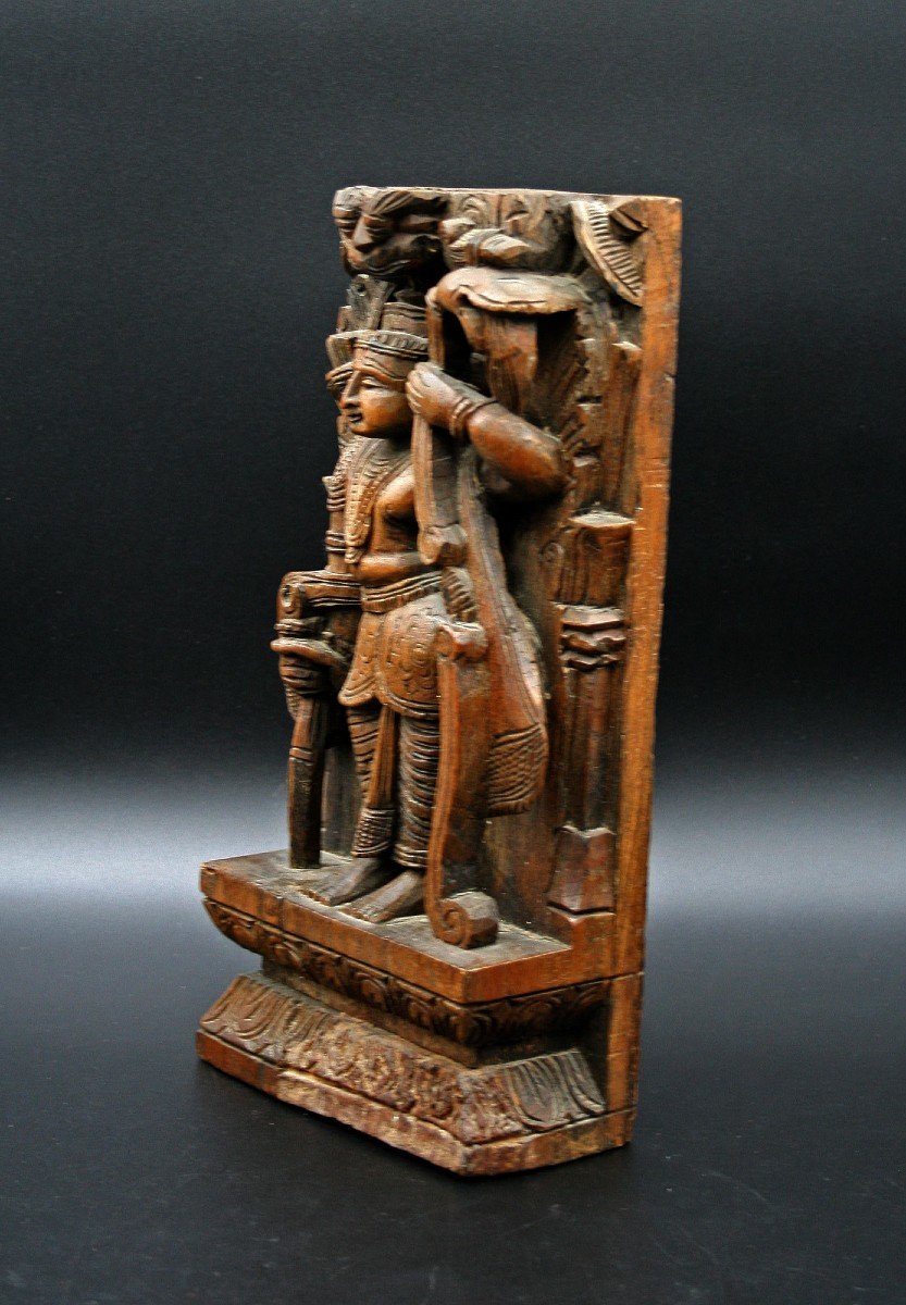 Antique Indian Hand Carved Wood Hindu Temple Panel Rama God. Bow And Arrows.-photo-4