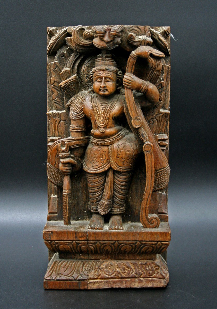 Antique Indian Hand Carved Wood Hindu Temple Panel Rama God. Bow And Arrows.