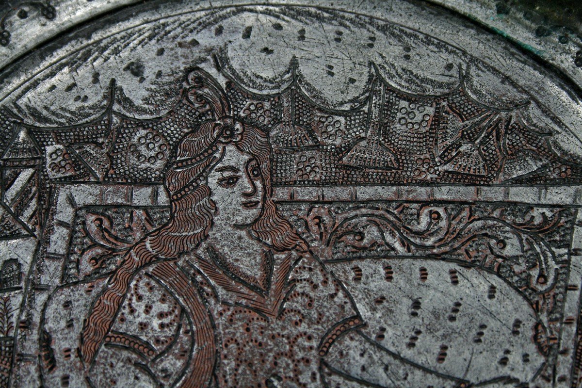 Antique Persian Engraved Copper Plate. Persian Princess. 19th Century Qajar.-photo-1